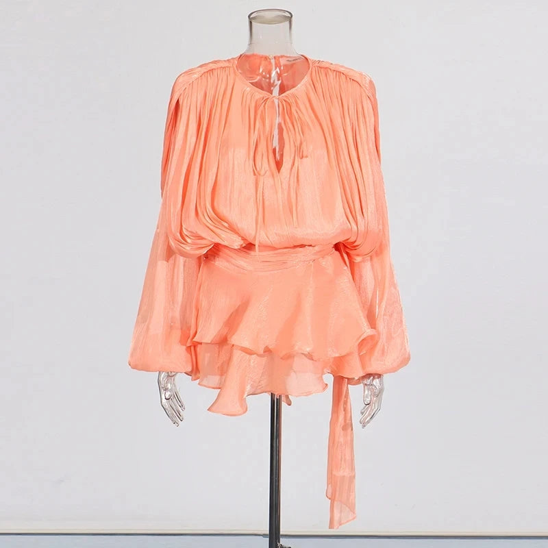 MMOOKA TWOTWINSTYLE Solid Loose Spliced Lace Up Elegant Dresses for Women Round Neck Long Sleeves Patchwork Folds Dress Female Style