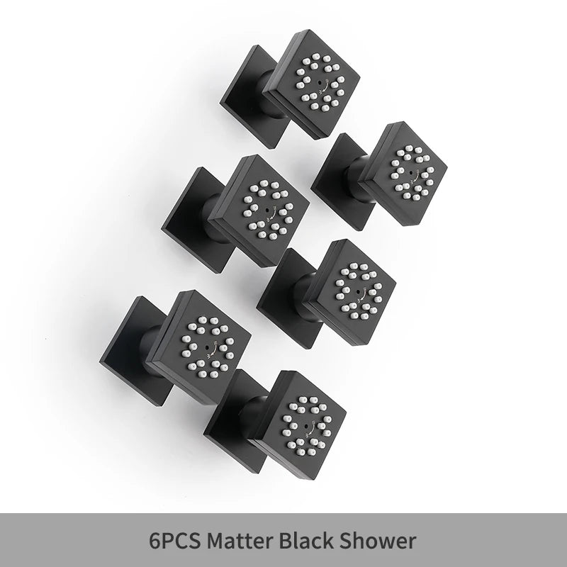 MMOOKA Black Square Body Rain Shower Spray Jets Bathroom Solid Brass Head Sprayer Set Saving Water Massage Jet System MMOOKA.COM