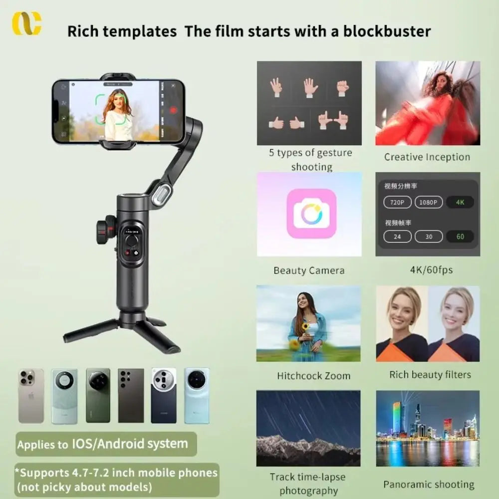 MMOOKA 2025 Foldable Gimbal Stabilizer Anti-shake Portable 3-Axis Handheld Multifunctional Face Tracking Selfie Stick