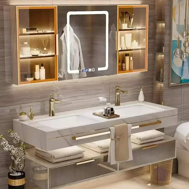 ANTNX Modern Slate Bathroom Cabinet with Smart Mirror Ceramic Double Washbasin Bathroom Vanity Cabinets Under Sink Bathroom Furniture ANTNX.COM