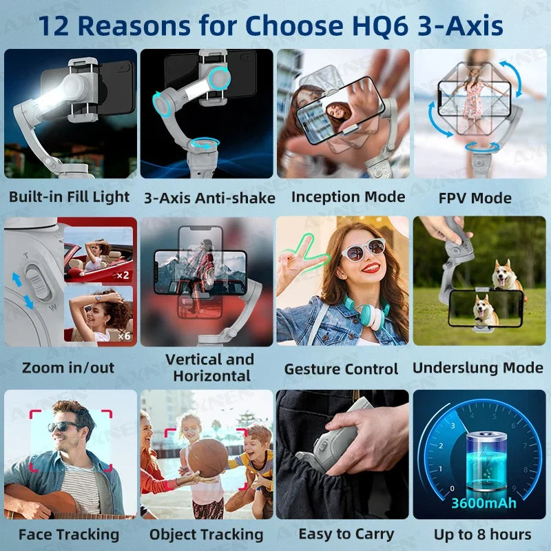 MMOOKA AXNEN Smart 3-Axis Handheld Gimbal Stabilizer for Smartphone with Fill Light for iPhone Android Face Tracking Tiktok Vlog Kit