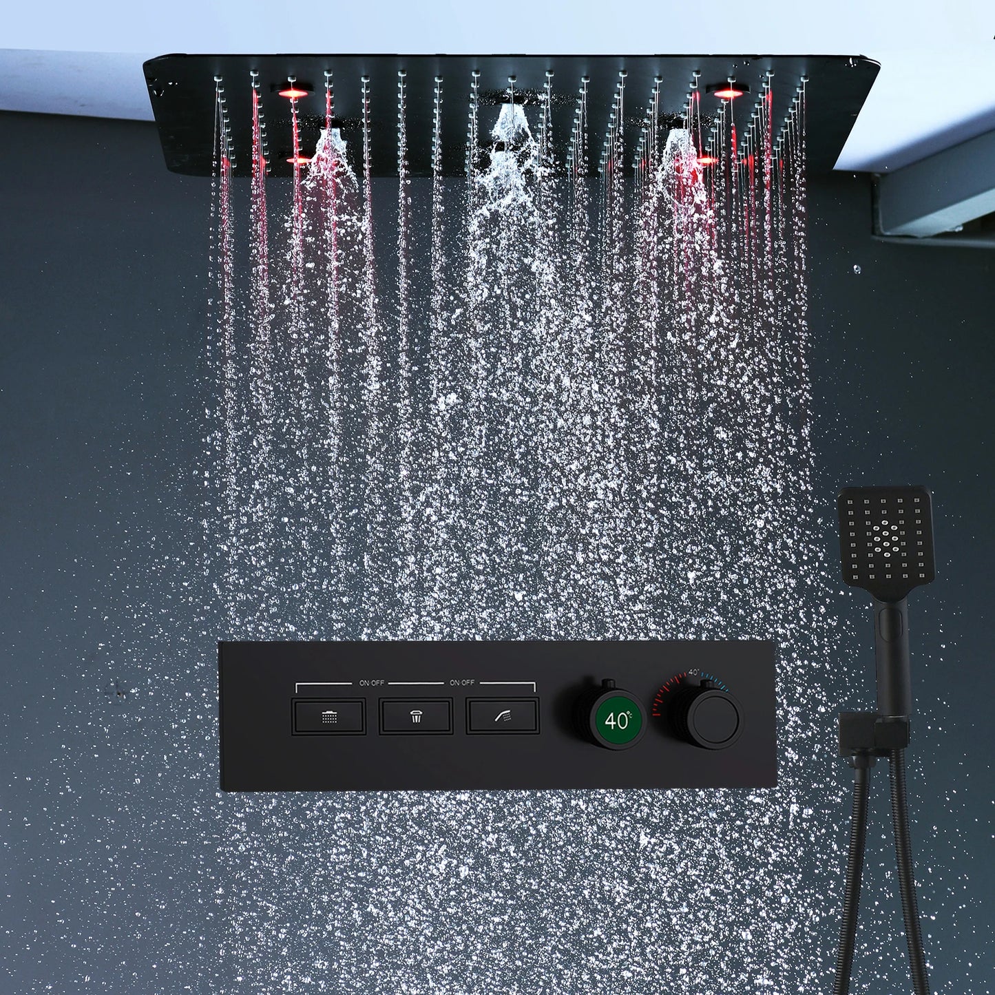 ANTNX Matt Black Surface Remote LED 20inch Square Shower Head Ultra Thin Panel Thermostatic Faucet Mixer System Rainfall Spray Set ANTNX.COM