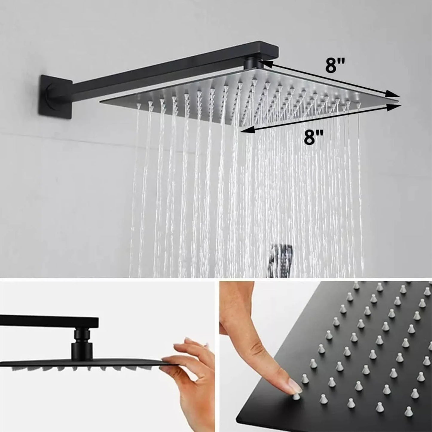 20x20cm Square Rain Shower Kit Single Handle in Wall Waterfall Shower Head Kit Black Bathroom Home Accessories