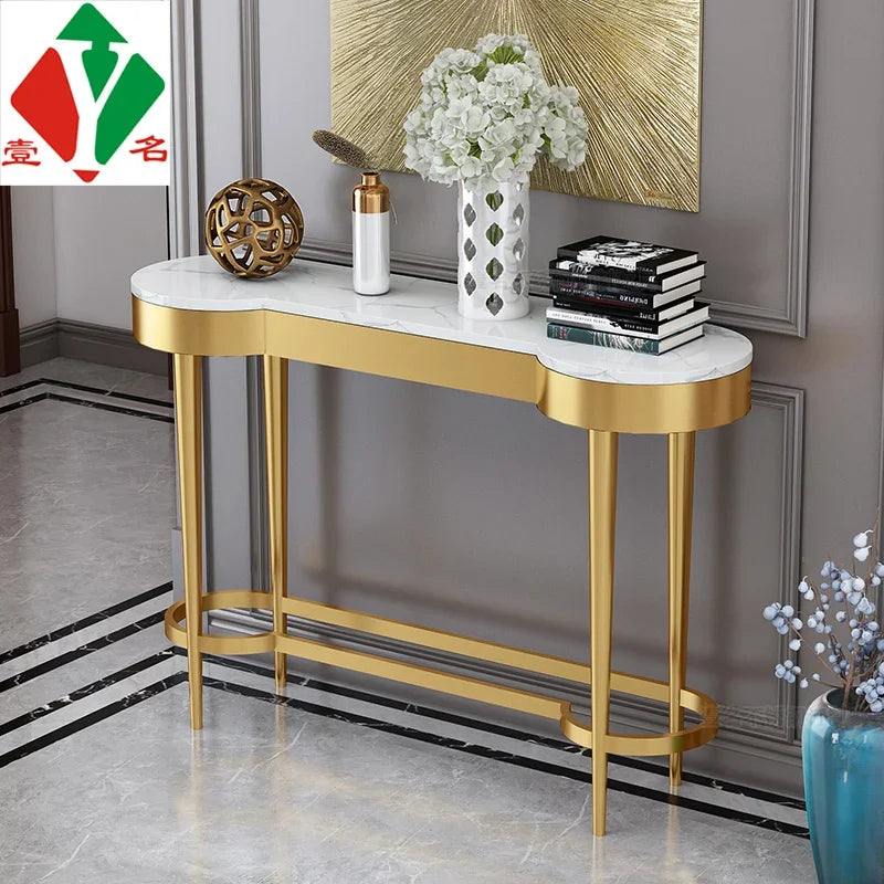 MMOOKA Light Luxury Stainless Steel Narrow Entrance Cabinet Arc Marble Art Corridor Foyer