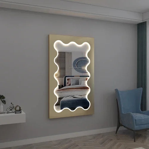 MMOOKA Cute Wave Mirror Irregular Aesthetic Design Living Room Full Large Body Mirrors With Light Dressing Espejos Bedroom Decoration