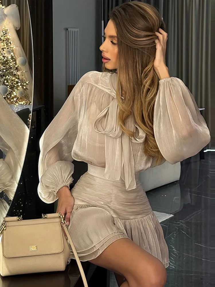 Flounce Mini Skirts Suits Women Elegant Loose Lace Up Bow Long Sleeves Shirts 2 Pieces Sets Female 2025 Spring New Solid Outfits