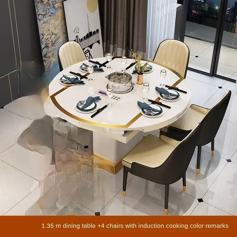 MMOOKA Folding with induction cooker dining table chair combination with turntable telescopic rotating size variable round table