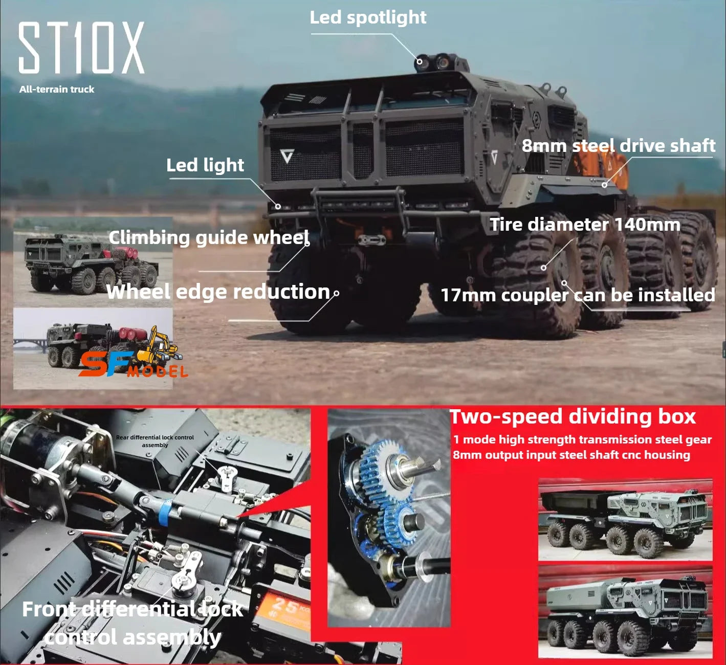 ANTNX ST10X Rc 1/10 Truck 8x8 RC Car Metal Model with Light and Sound System Remote Control Military Truck Buggy Model Adult Toys ANTNX.COM