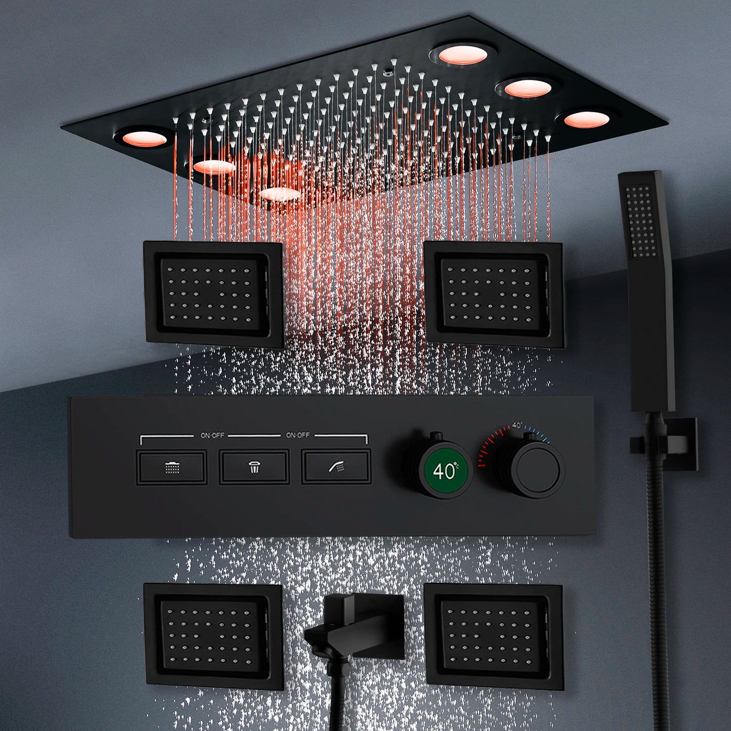 MMOOKA Smart Remote LED Shower Head Set 20x14inch Panel Faucet System Lateral Jet Thermostatic Mixer Valve Button Switch Hand Shower MMOOKA.COM
