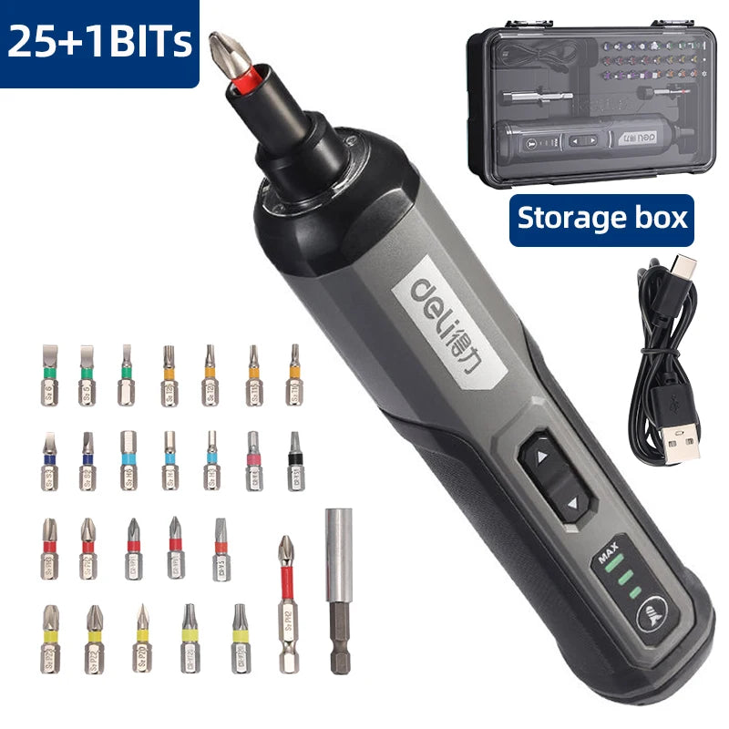 DELI 4V Electrical Screwdriver Sets Smart Cordless Electric Screwdrivers USB Rechargeable Handle 25 Bit Sets Power Tools