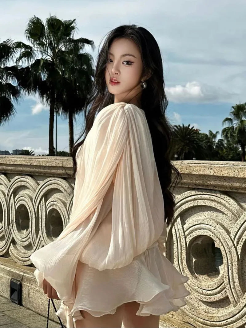 Lazy Style Casual Mesh Puff Sleeve Short Pleated Ruffle Edge Design Short Dress Elegant Mini Shirts Dress Fashion Women AF2A