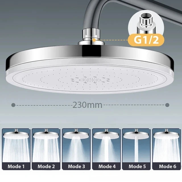 New 6 Modes Rainfall Shower Head Bathroom High Pressure Top Rain Showerheads 360° Rotation Top Spray Shower Faucet Accessories