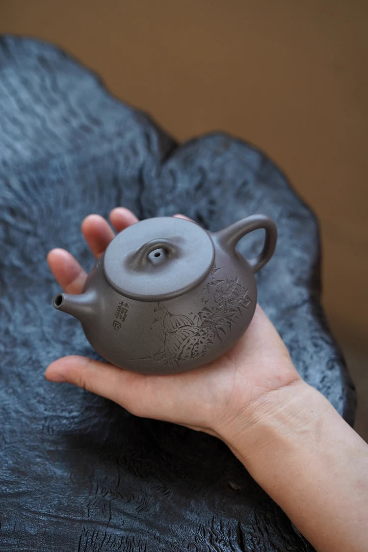 Zen Yuantang Yixing Purple Clay Pot Carving Flat Lid Shipiao Teapot Huanglongshan Raw Ore Daguitan Sky Blue Mash