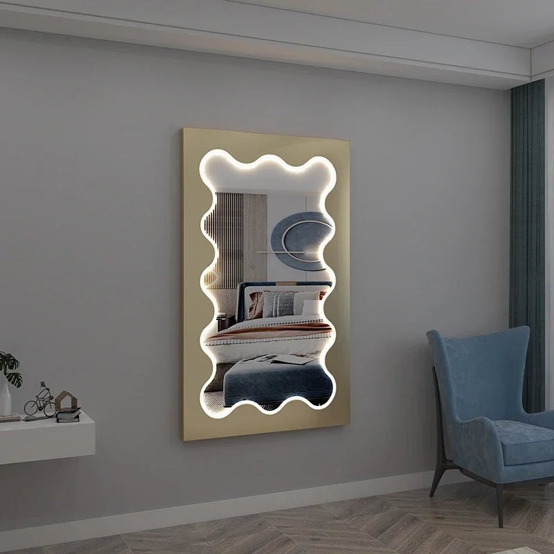 MMOOKA Cute Wave Mirror Irregular Aesthetic Design Living Room Full Large Body Mirrors With Light Dressing Espejos Bedroom Decoration