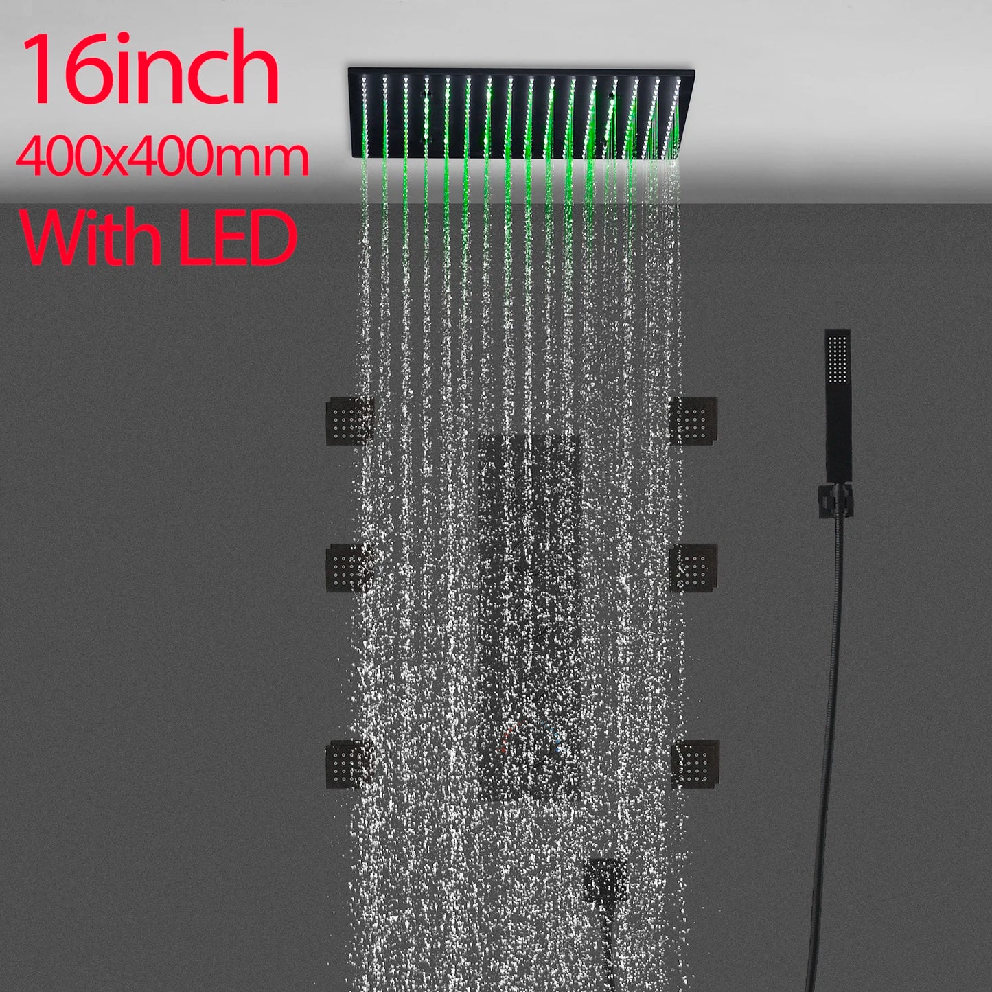 ANTNX Luxury 16/20 Inch 400/500mm Rainfall Mist Spray LED Shower Head Set Constant Temperature Valve Mixer With Side Massage Jets ANTNX.COM