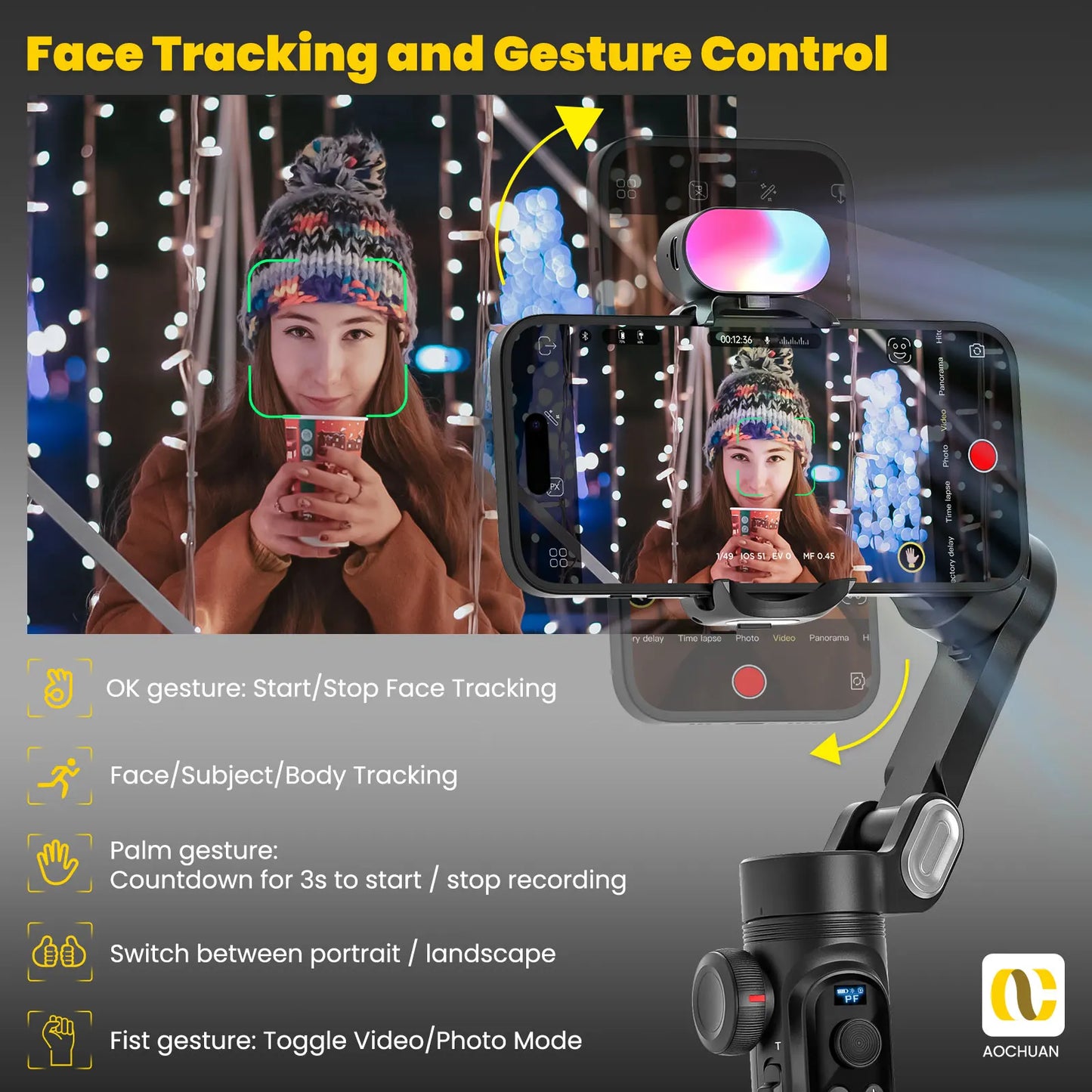 MMOOKA AOCHUAN Smart Xpro Combo Black 3-Axis Phone Gimbal Stabilizer With 73cm Extension and RGB Magnetic Light OLED Display Gimbal