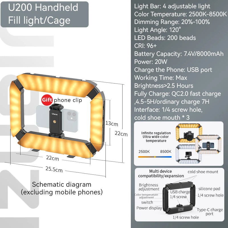 MMOOKA Ulanzi U200 U-200 Smartphone Video Rig LED Video Light 2 in 1 Ring Light Cold Shoe for Microphone Tiktok Youtube Live Rig Light