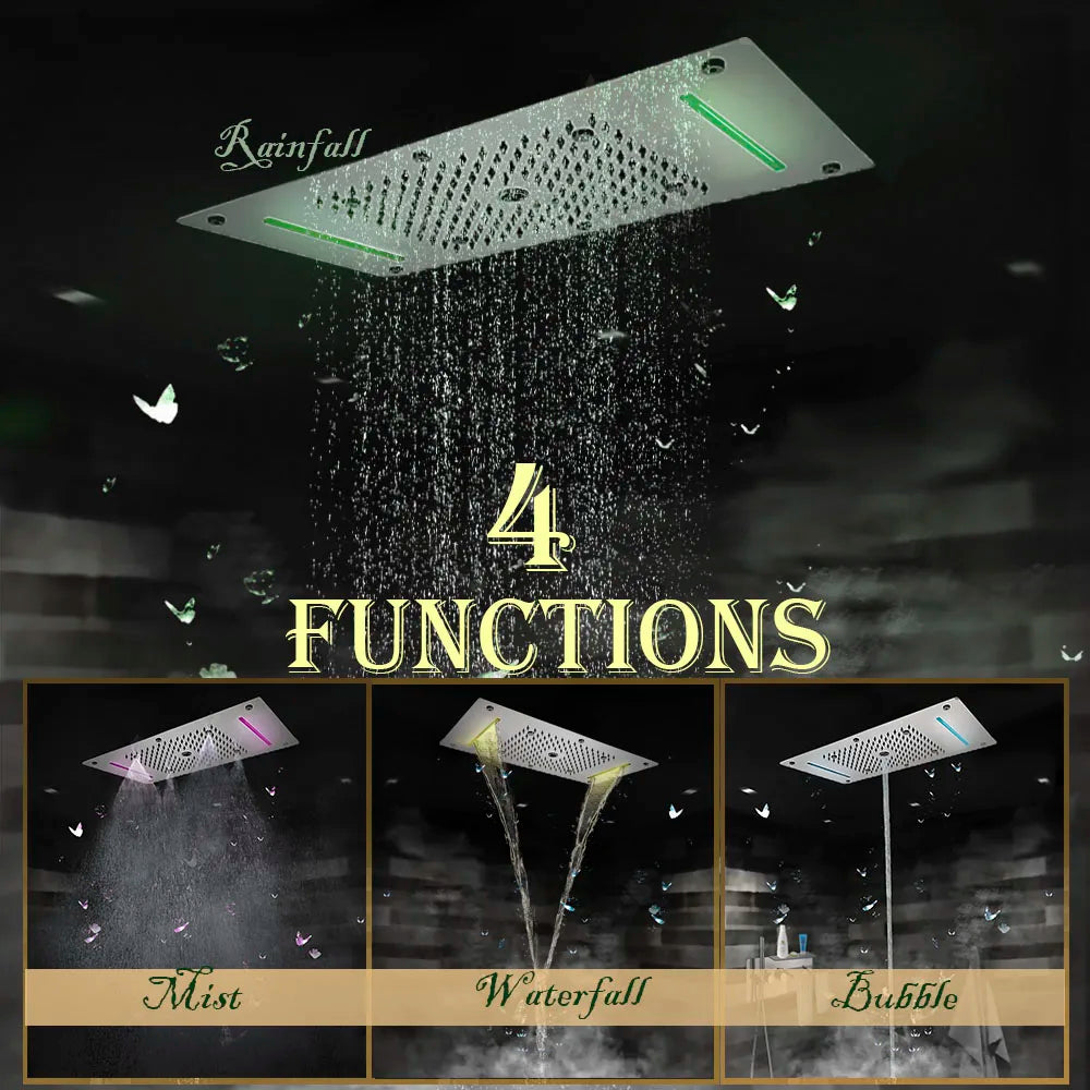 MMOOKA Modern Concealed Thermostatic Shower Panel 5 Ways Mixer LED Head Ceiling Mounted Mirror Brushed Gold Matte Black System Complete MMOOKA.COM