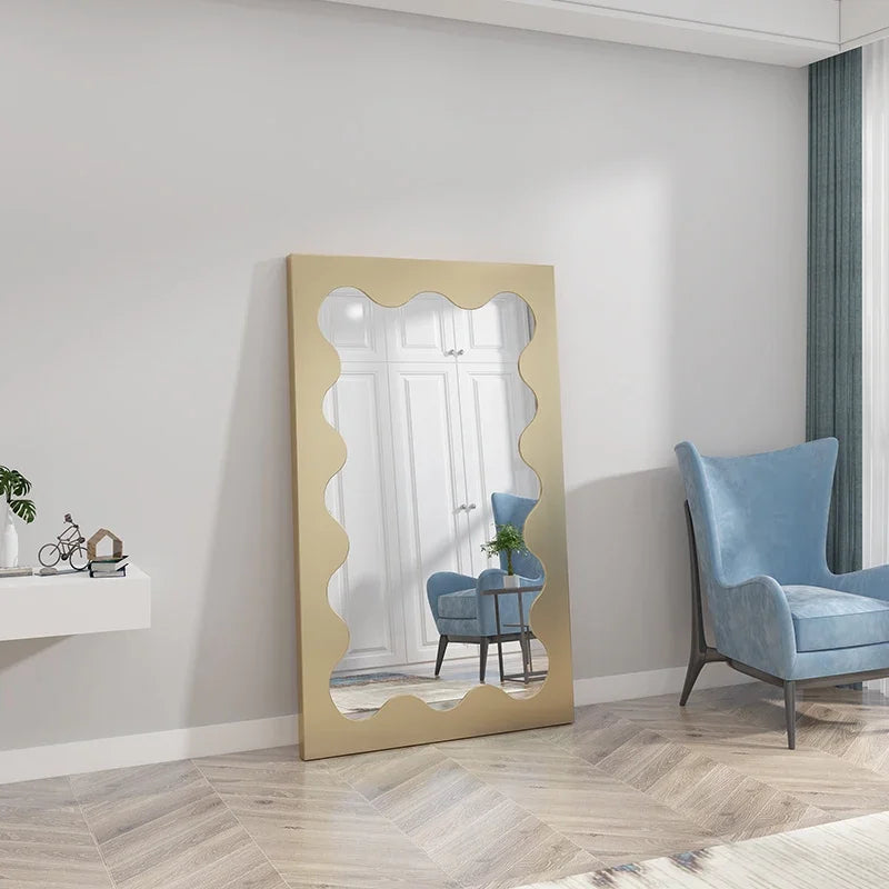 MMOOKA Cute Wave Mirror Irregular Aesthetic Design Living Room Full Large Body Mirrors With Light Dressing Espejos Bedroom Decoration