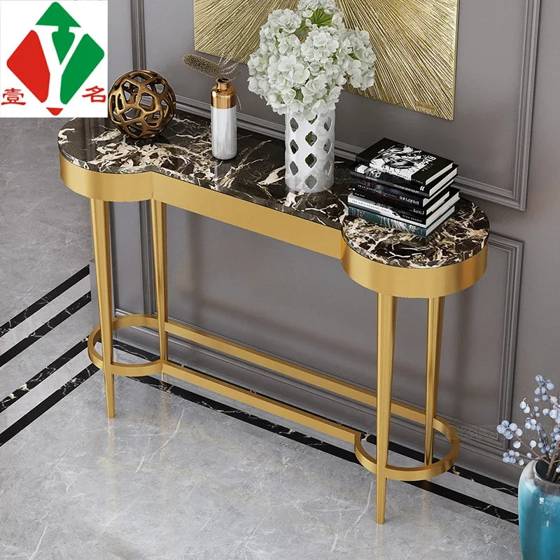 MMOOKA Light Luxury Stainless Steel Narrow Entrance Cabinet Arc Marble Art Corridor Foyer