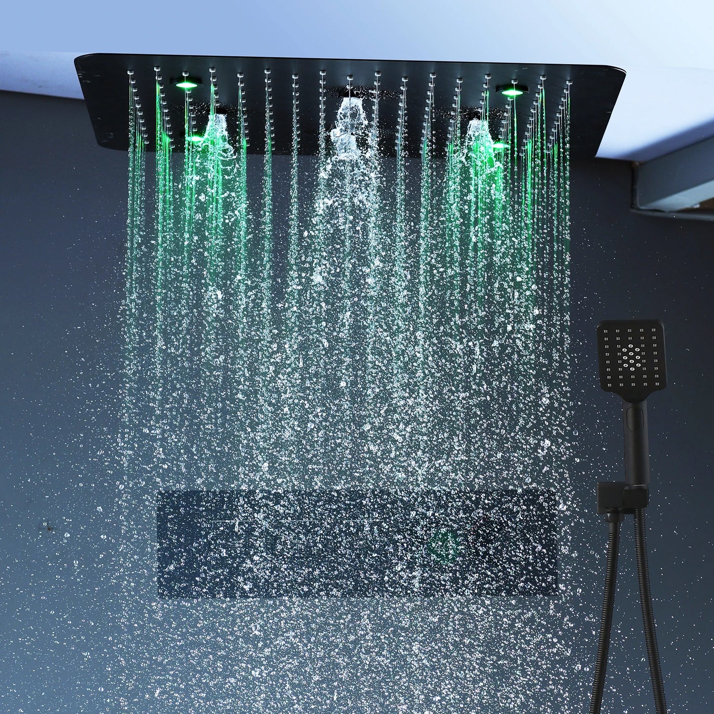 ANTNX Matt Black Surface Remote LED 20inch Square Shower Head Ultra Thin Panel Thermostatic Faucet Mixer System Rainfall Spray Set ANTNX.COM