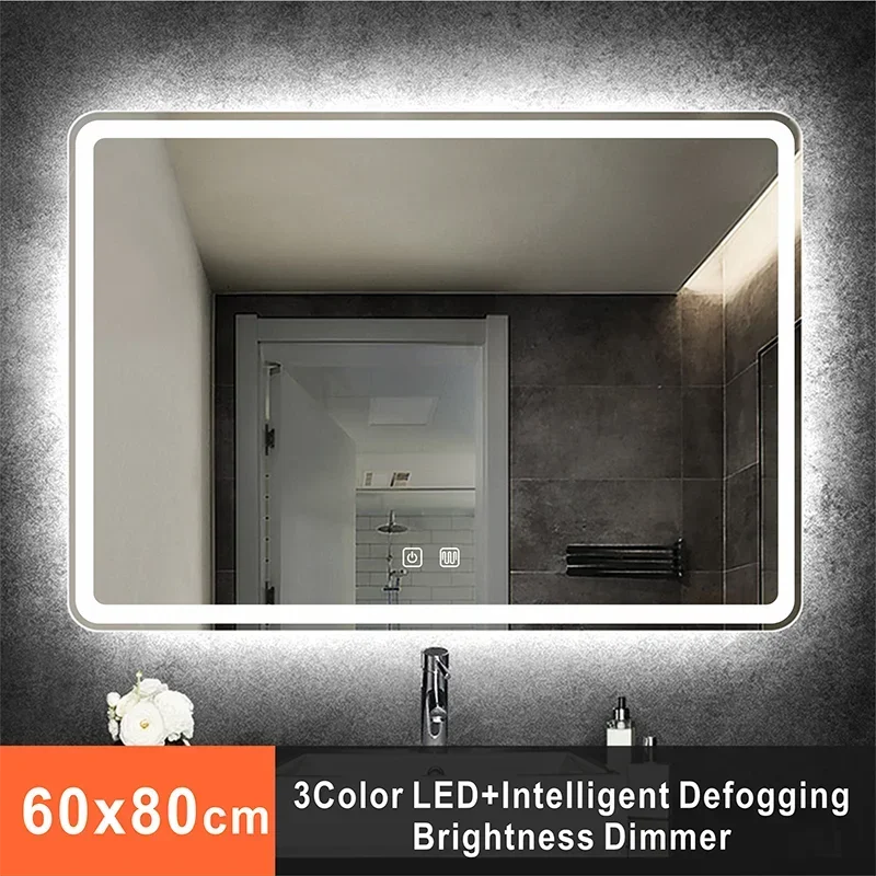 MMOOKA Rectangle Bathroom Smart Mirror WIth Three Color LED Light Anti-fog Makeup Mirror Backlight Touch Switch Dimming Vanity Mirrors