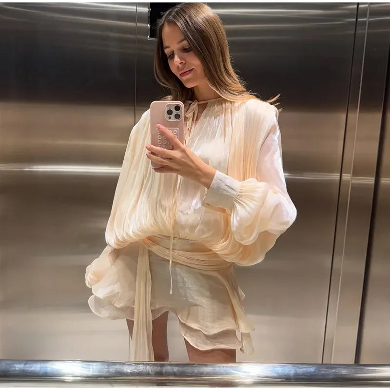 2025 Elegant Shiny Lace Up Women's Backless Ruffles Dress Chic Solid Lantern Sleeve A-line Mini Dresses New Lady Street Vestidos