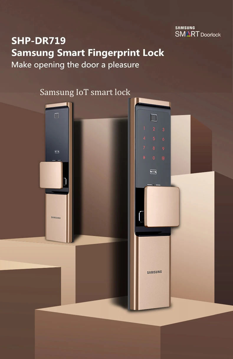 Samsung Home Security Electronic Intelligent Wooden Digital Door Lock Fingerprint Smart Auto Mortise Lock SHP-DR719 Gold Color