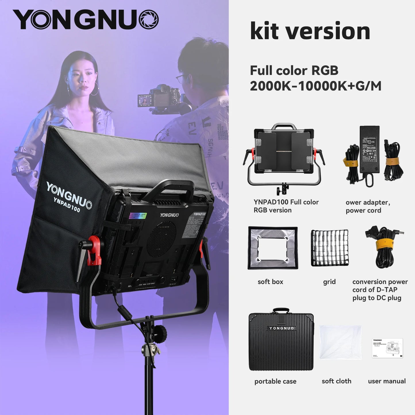MMOOKA YONGNUO YNPAD100 RGB Studio Video LED Panel Light with Full Color Reaches 100W for YouTube Tikok Photography Lighting
