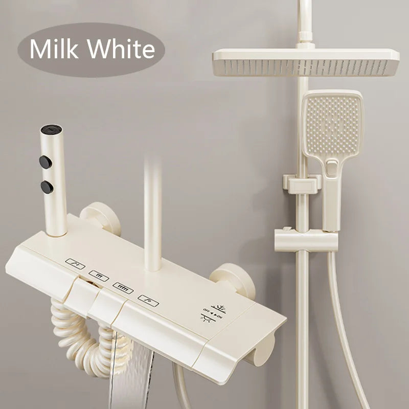 MMOOKA Milk White Waterfall Shower System for Bathroom Modern Bath Crane Mixer Tap Shower Faucets Water Saving Rain Bathtub Shower Set MMOOKA.COM