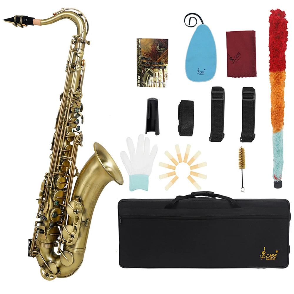 SLADE Brass Tenor Saxophone Instrument Professional Bb Saxophone with Cleaning Cloth Glove Reed Back Mouthpiece Accessories