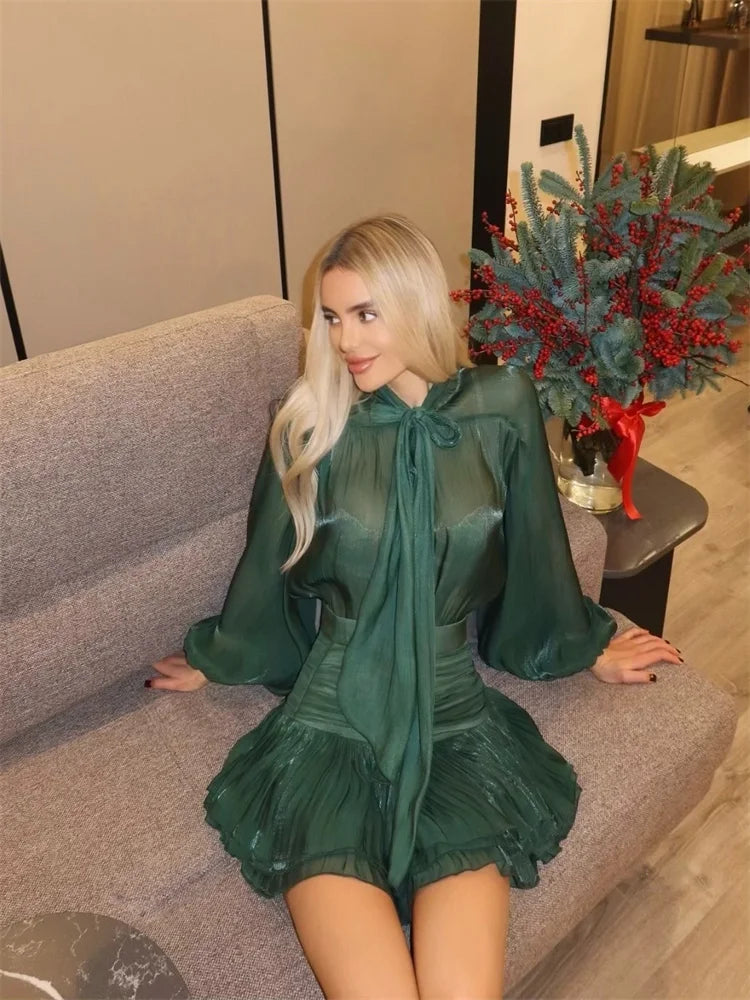 Flounce Mini Skirts Suits Women Elegant Loose Lace Up Bow Long Sleeves Shirts 2 Pieces Sets Female 2025 Spring New Solid Outfits