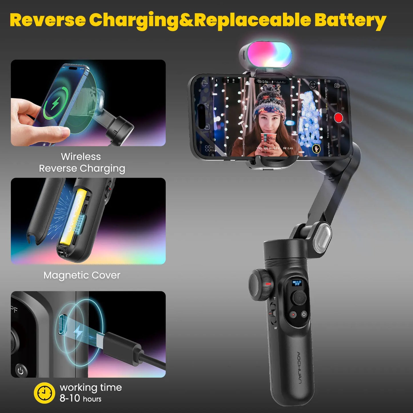MMOOKA AOCHUAN Smart Xpro Combo Black 3-Axis Phone Gimbal Stabilizer With 73cm Extension and RGB Magnetic Light OLED Display Gimbal