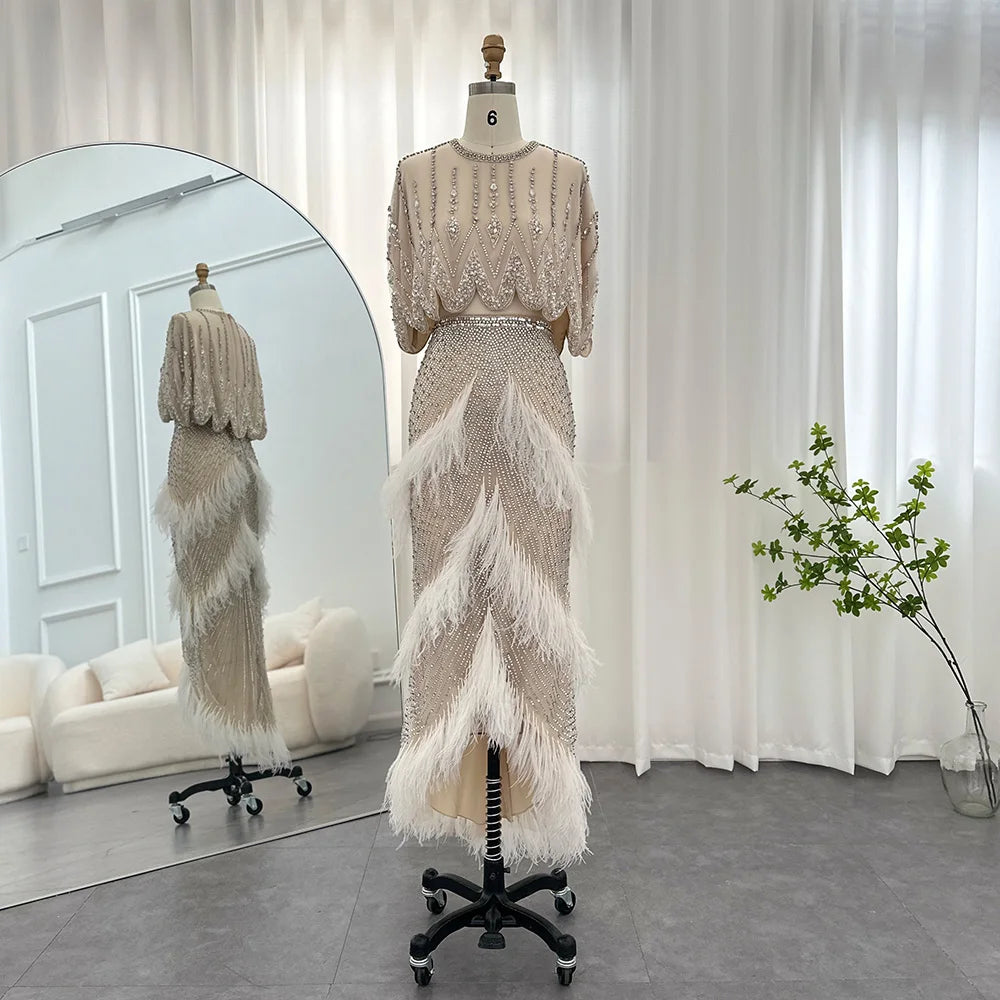 Sharon Said Luxury Dubai White Feathers Two Pieces Evening Dress for Women Wedding Beads Short Prom Party Gowns SS363 Customized