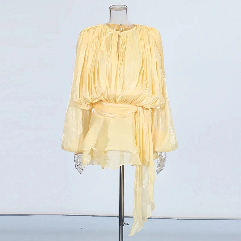 MMOOKA TWOTWINSTYLE Solid Loose Spliced Lace Up Elegant Dresses for Women Round Neck Long Sleeves Patchwork Folds Dress Female Style