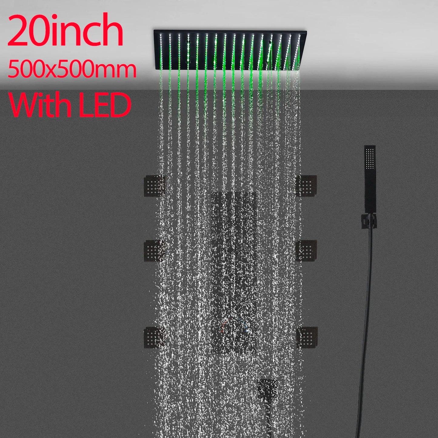 ANTNX Luxury 16/20 Inch 400/500mm Rainfall Mist Spray LED Shower Head Set Constant Temperature Valve Mixer With Side Massage Jets ANTNX.COM