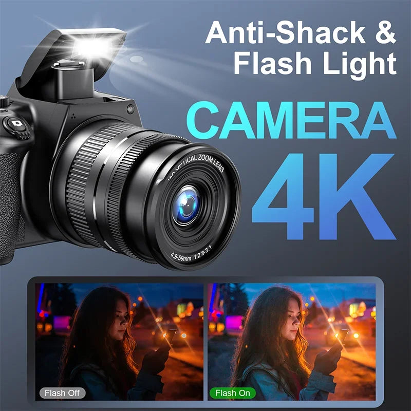 MMOOKA Digital Camera 4K 72MP 12X Optical Zoom UHD Professional photography Flash light Auto-Focus WIFI for Tiktok ins Youtube Webcast