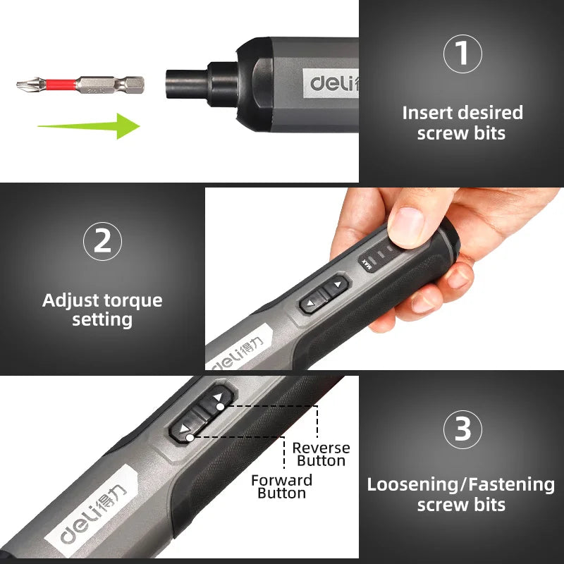 DELI 4V Electrical Screwdriver Sets Smart Cordless Electric Screwdrivers USB Rechargeable Handle 25 Bit Sets Power Tools