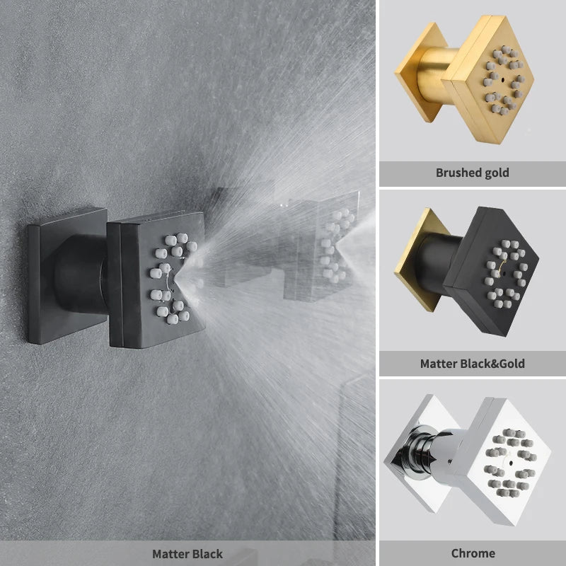 MMOOKA Black Square Body Rain Shower Spray Jets Bathroom Solid Brass Head Sprayer Set Saving Water Massage Jet System MMOOKA.COM