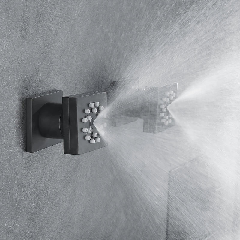 MMOOKA Black Square Body Rain Shower Spray Jets Bathroom Solid Brass Head Sprayer Set Saving Water Massage Jet System MMOOKA.COM