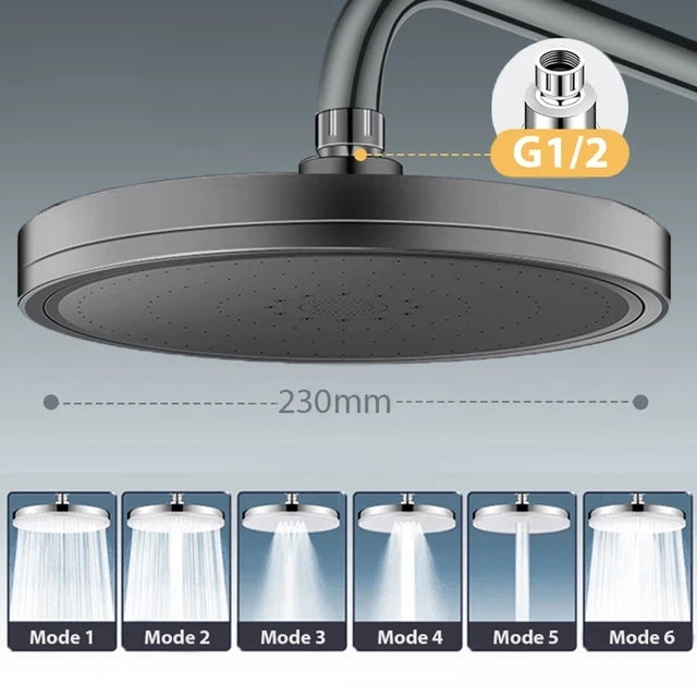 New 6 Modes Rainfall Shower Head Bathroom High Pressure Top Rain Showerheads 360° Rotation Top Spray Shower Faucet Accessories