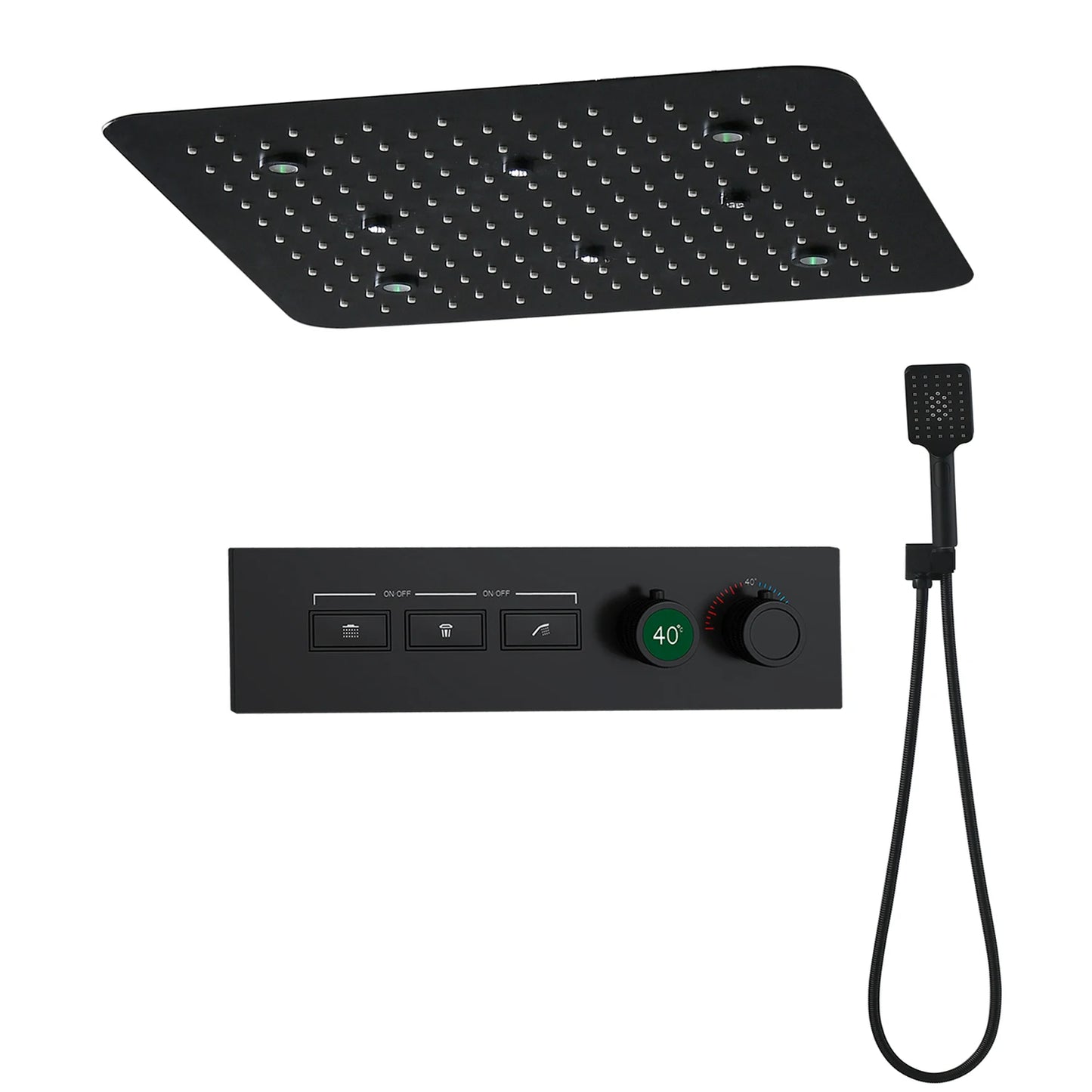 ANTNX Matt Black Surface Remote LED 20inch Square Shower Head Ultra Thin Panel Thermostatic Faucet Mixer System Rainfall Spray Set ANTNX.COM