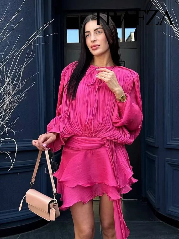 TRAFZA Women Elegant Chic O-Neck Pleated Decoration Long Sleeves Solid Mini Dress+Fashion Rear Zipper Slim Shorts 2 Piece Set