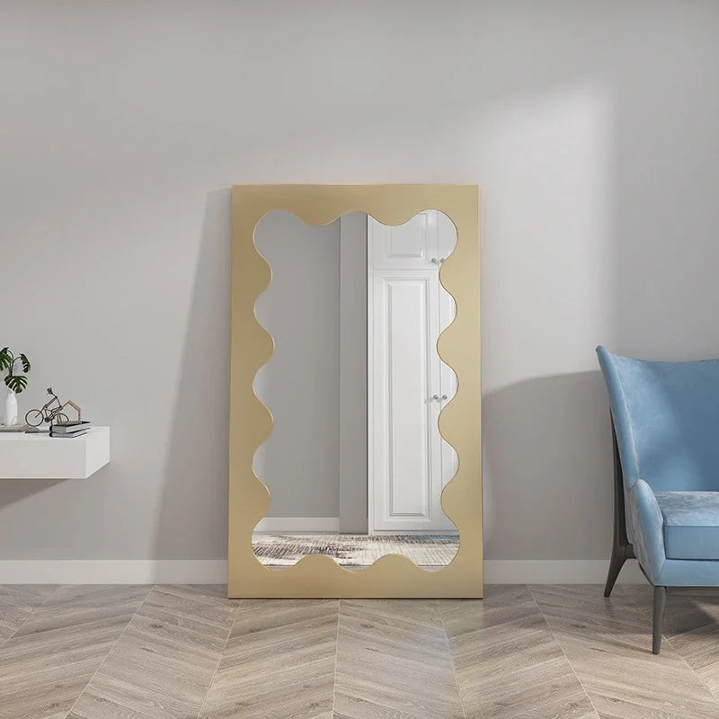 MMOOKA Cute Wave Mirror Irregular Aesthetic Design Living Room Full Large Body Mirrors With Light Dressing Espejos Bedroom Decoration