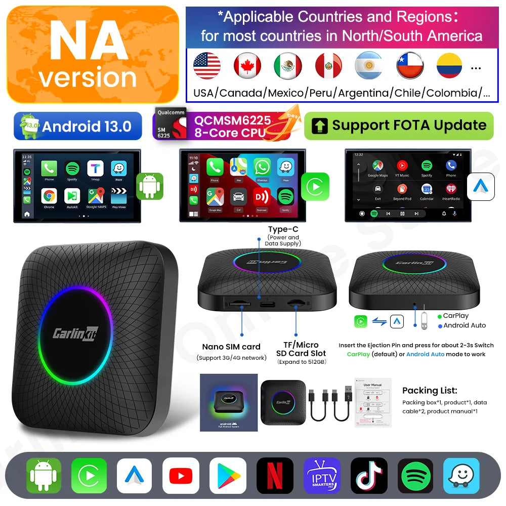 MMOOKA Carlinkit Tv Box SDM660 Qualcomm 8 Core Android 13 CarPlay Android Auto Wireless Adapter Support Online Video USB-A Port Youtube