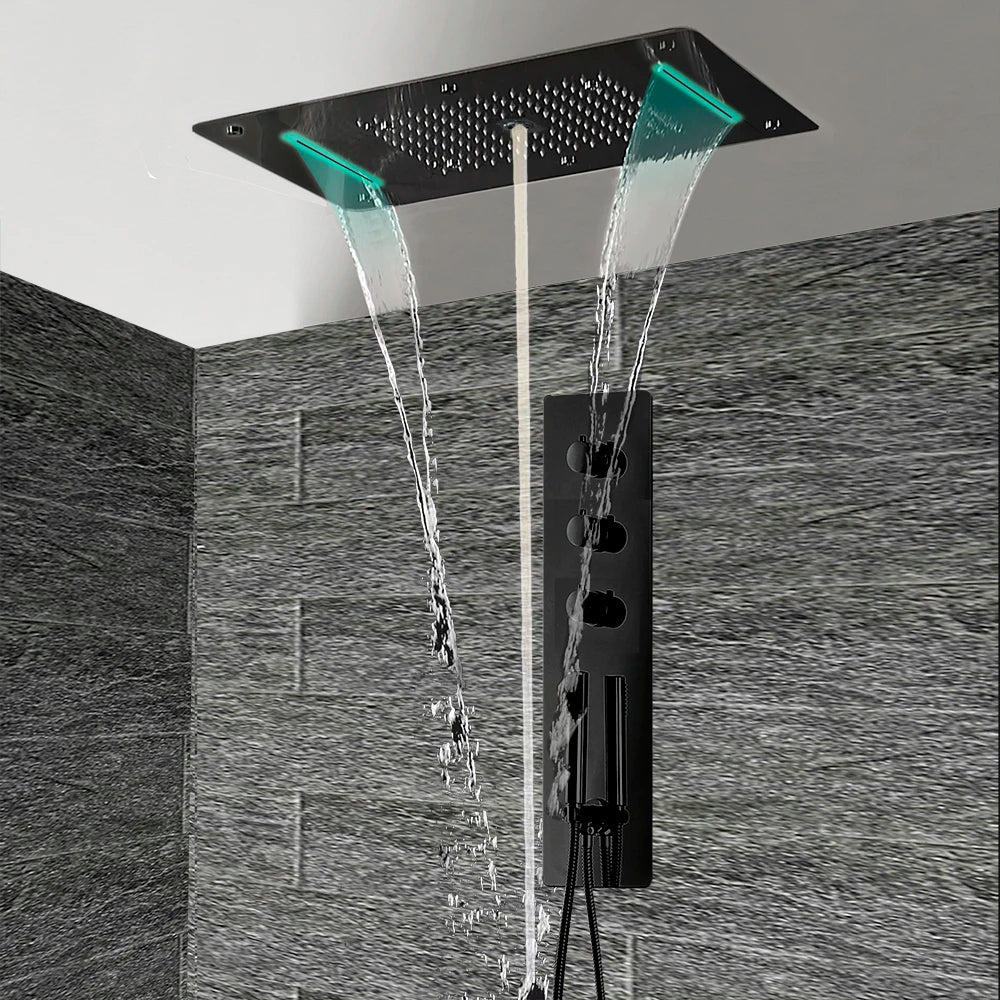 MMOOKA Modern Concealed Thermostatic Shower Panel 5 Ways Mixer LED Head Ceiling Mounted Mirror Brushed Gold Matte Black System Complete MMOOKA.COM
