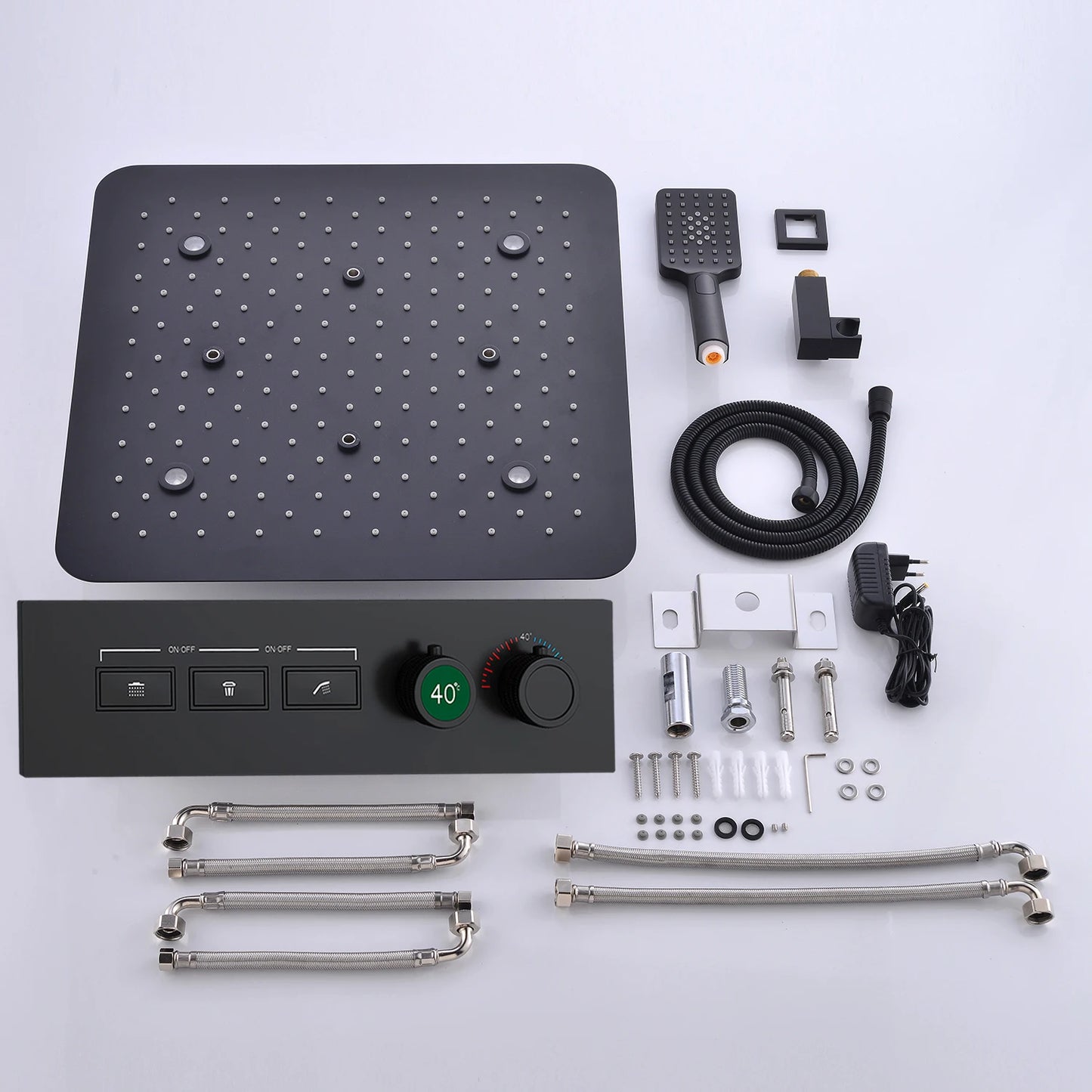 ANTNX Matt Black Surface Remote LED 20inch Square Shower Head Ultra Thin Panel Thermostatic Faucet Mixer System Rainfall Spray Set ANTNX.COM