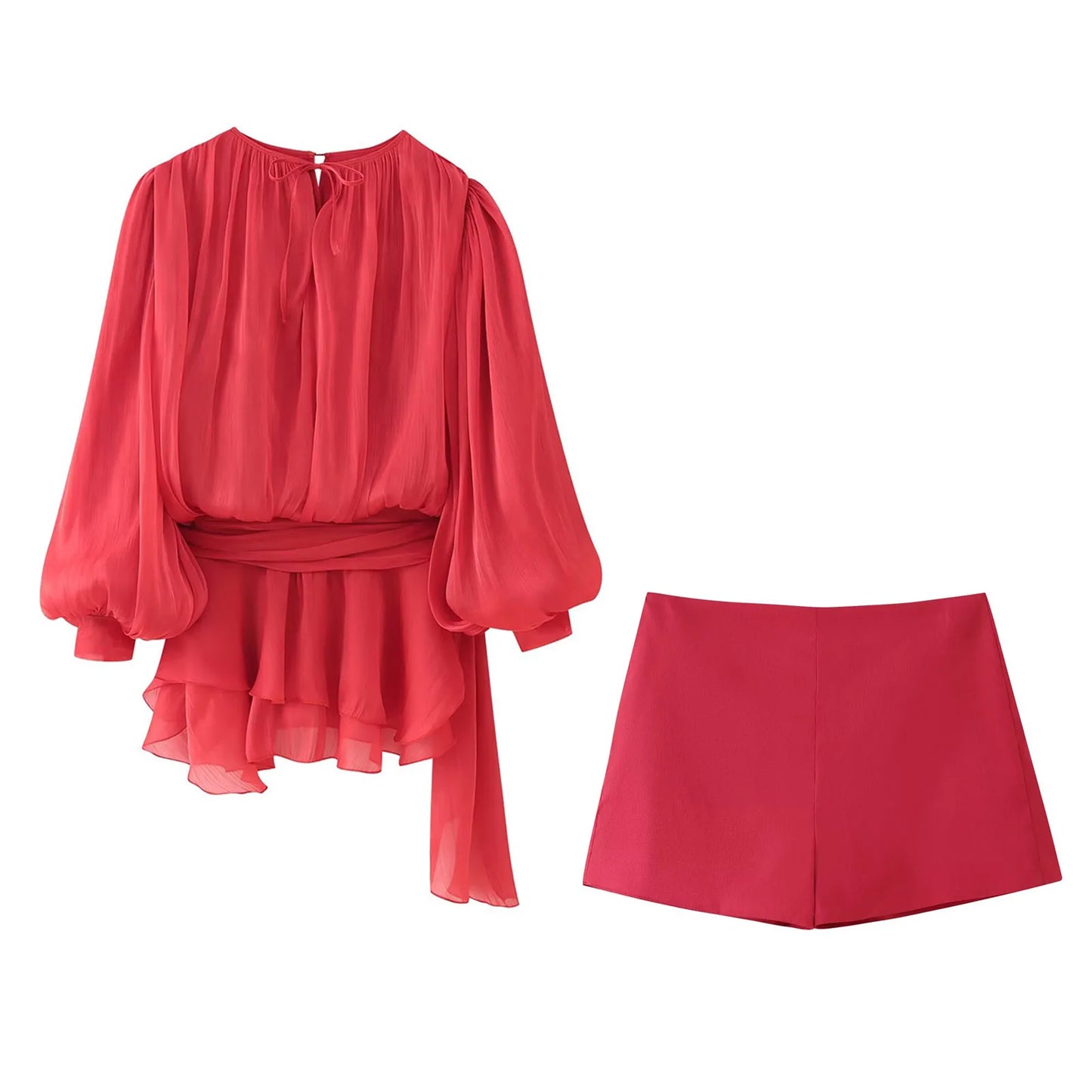 TRAFZA Women Elegant Chic O-Neck Pleated Decoration Long Sleeves Solid Mini Dress+Fashion Rear Zipper Slim Shorts 2 Piece Set