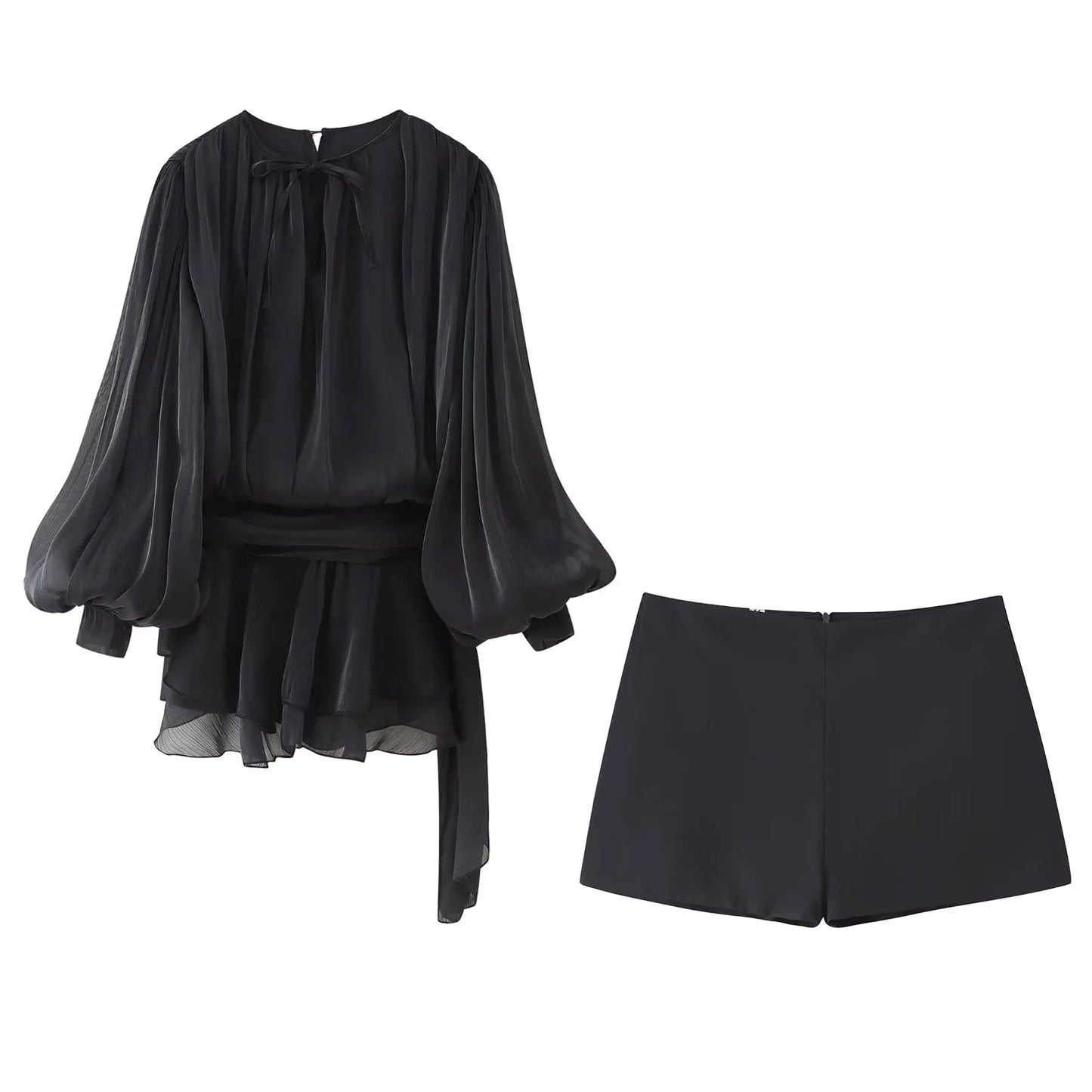 TRAFZA Women Elegant Chic O-Neck Pleated Decoration Long Sleeves Solid Mini Dress+Fashion Rear Zipper Slim Shorts 2 Piece Set
