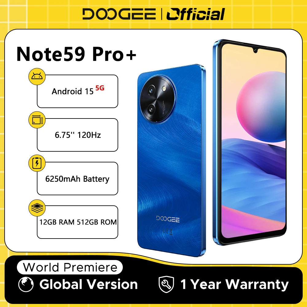 MMOOKA DOOGEE Note59 Pro+ 5G Smartphone Android 15 Global Version 6250mAh Battery 6.75'' 120Hz Display 12GB 512GB Mobile Phone NFC